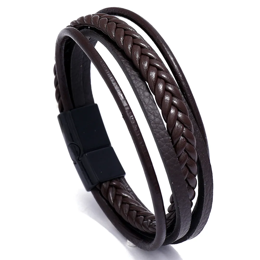 Men's Retro Multi-layer Leather Woven Bracelet With Magnetic Buckle