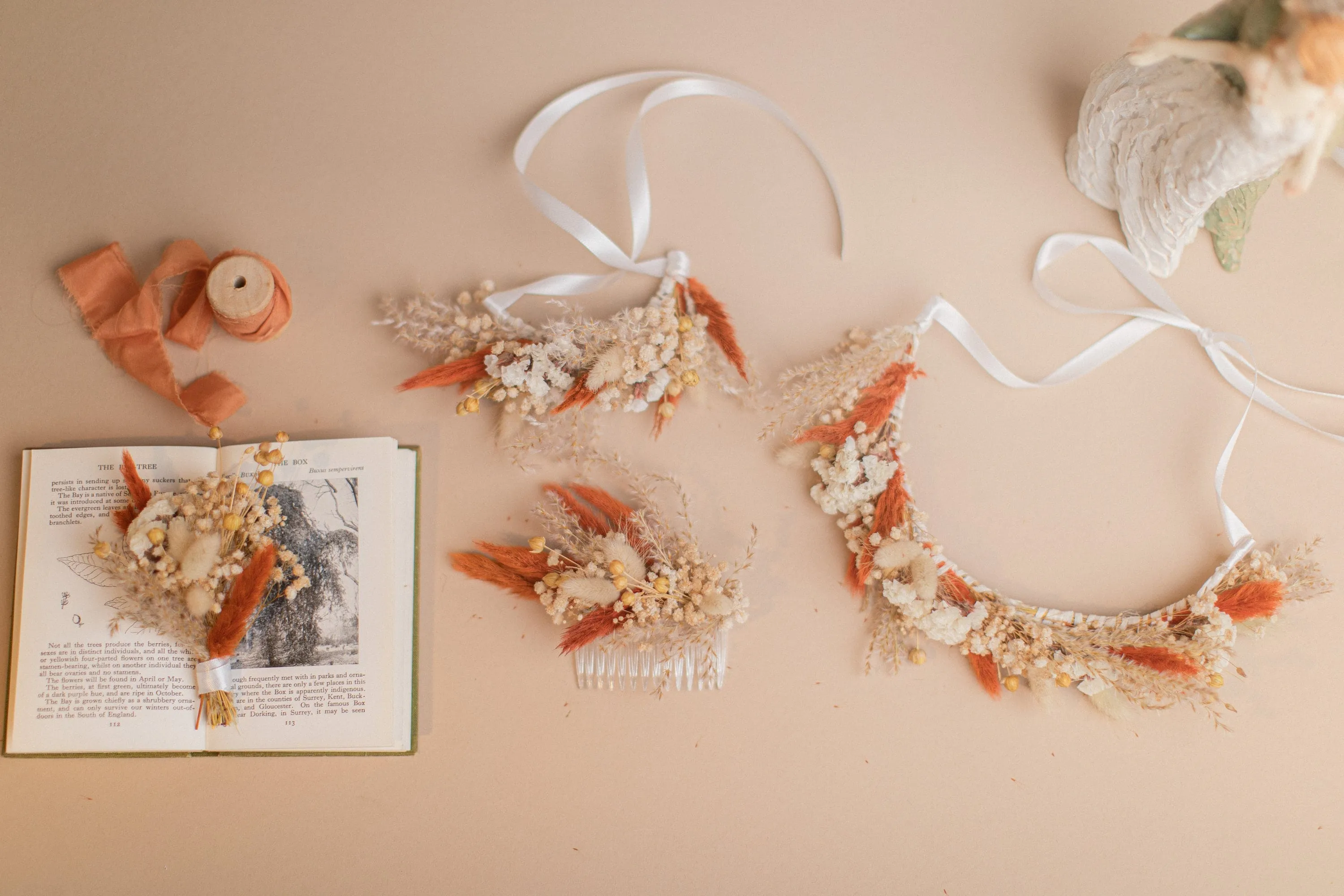 Natural Gypsophila & Burnt Orange Hair Crown Wedding Boho Set / Wedding Dried Flowers