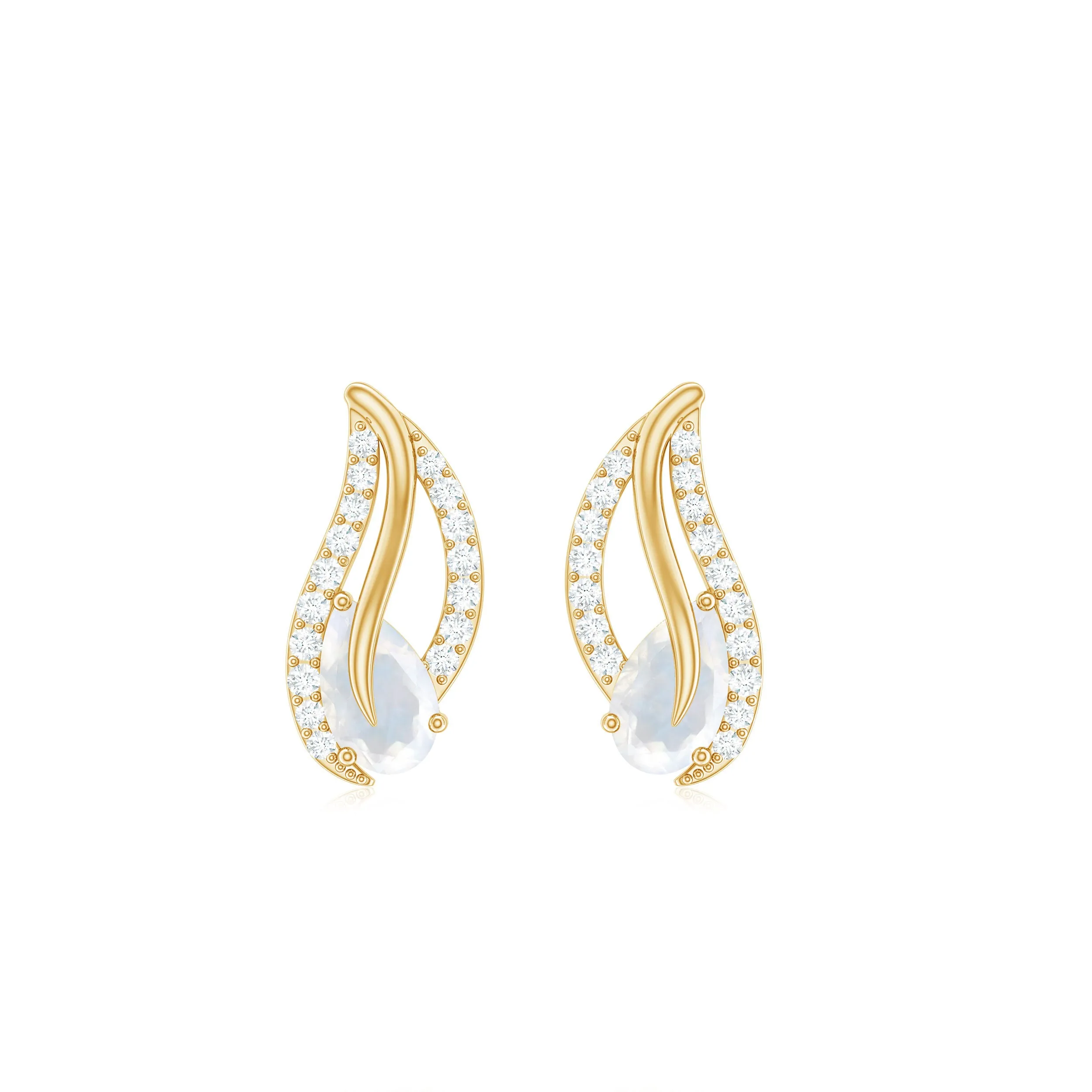 Pear Shape Moonstone and Diamond Leaf Stud Earrings